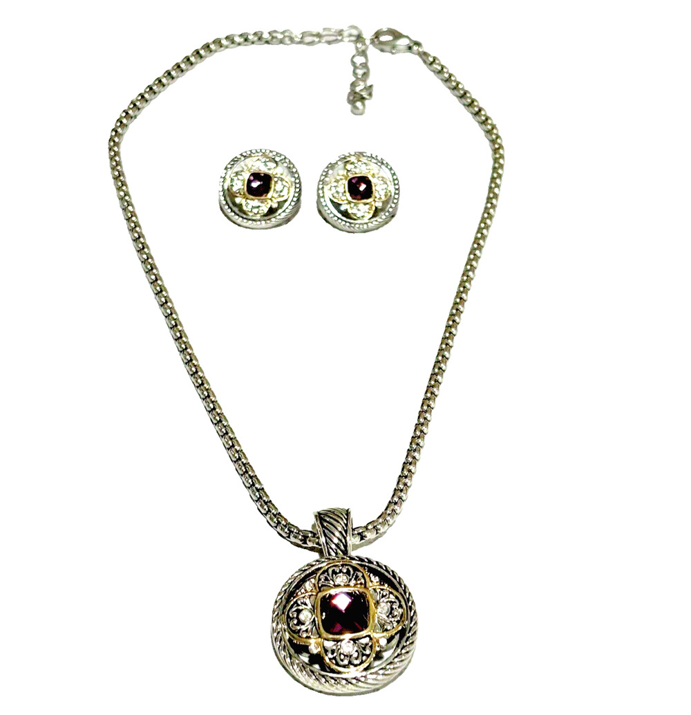 Fashion Jewelry Set Silver & Gold Necklace Pendant Pierced Earrings Purple Stone